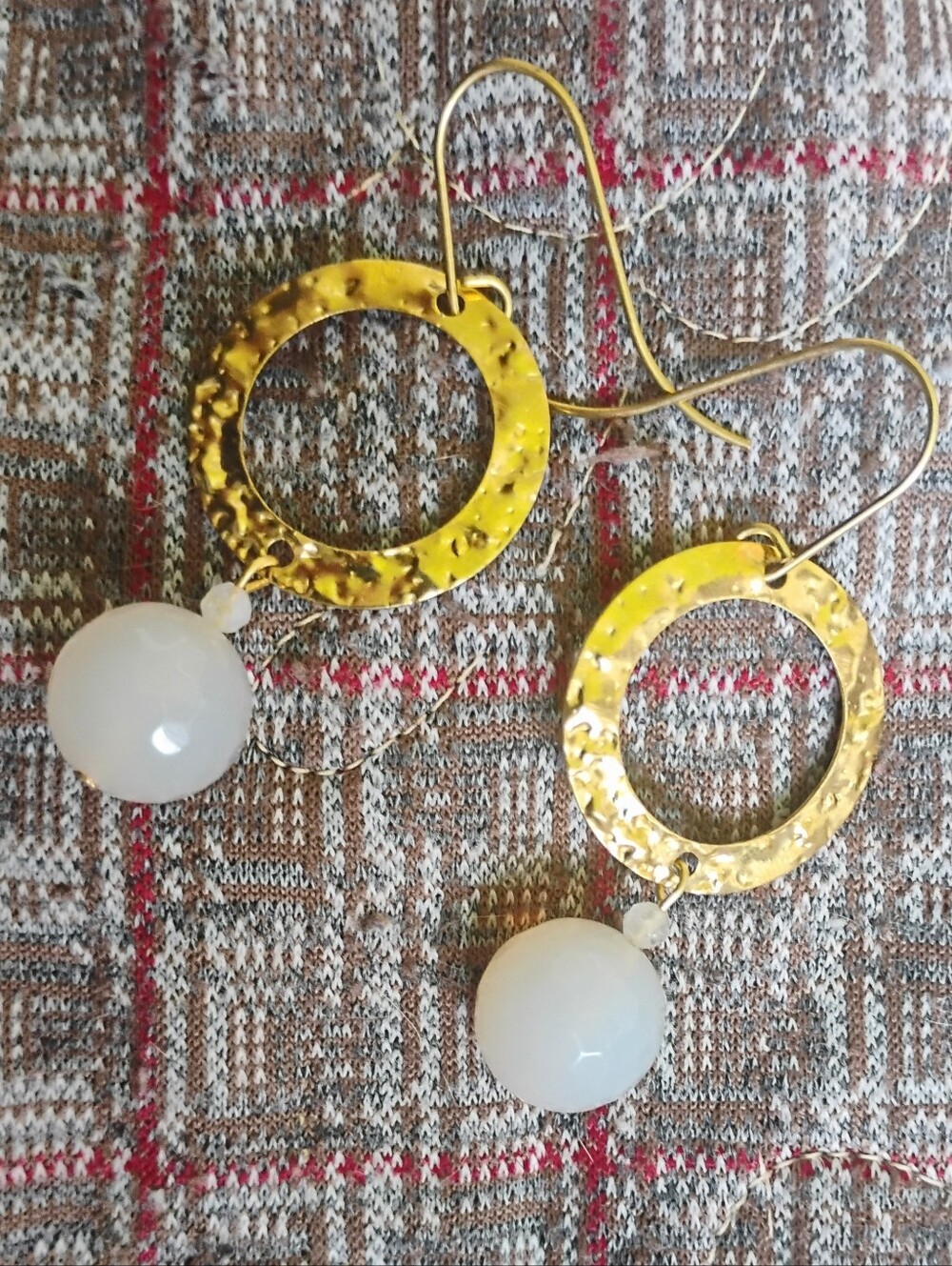 Hammered Brass Milky Agate Earrings